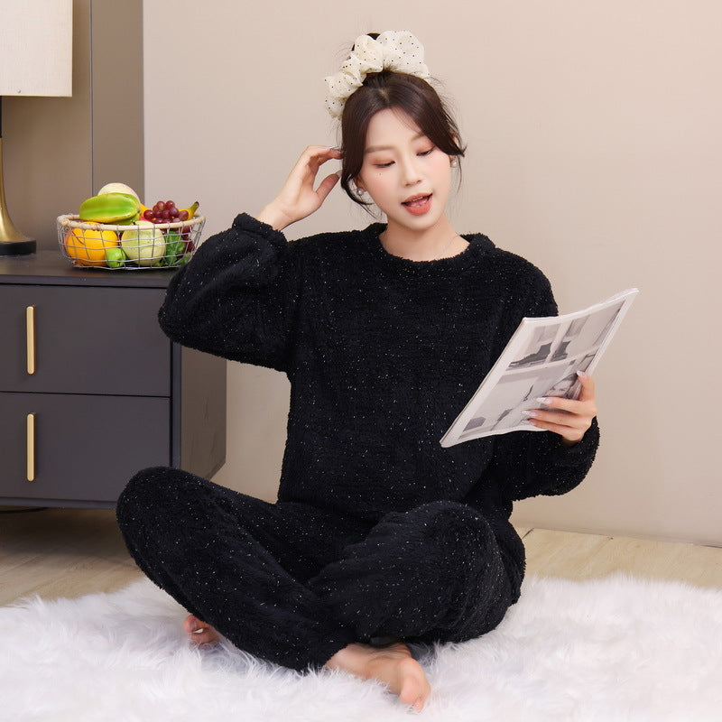 Pajamas for Women 2025 Autumn and Winter New Long-Sleeved Pants Fleece-Lined Thickeneded Bright Silk Coral Velvet Can Be Worn Outside Home Clothes Set
