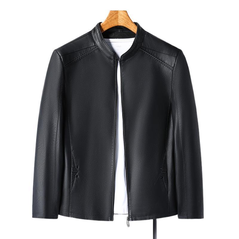 Men's Leather Jacket Men's 2025 Autum New Middle-Aged Fashion Business Stand Collar Fleece-Lined Casual Men's Leather Jacket Jacket