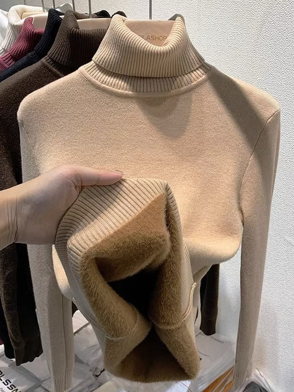Thickened Fleece-Lined Thermal Sweater for Women, Autumn and Winter Ribbed High-Neck Long-Sleeve Knit Base Shirt