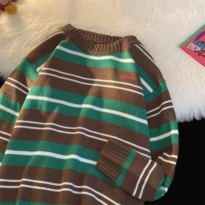 Simple Japanese Trendy Sweater Pullover Spring Long Sleeve Round Neck Men's Striped 2023 New Elegant Casual Sweater