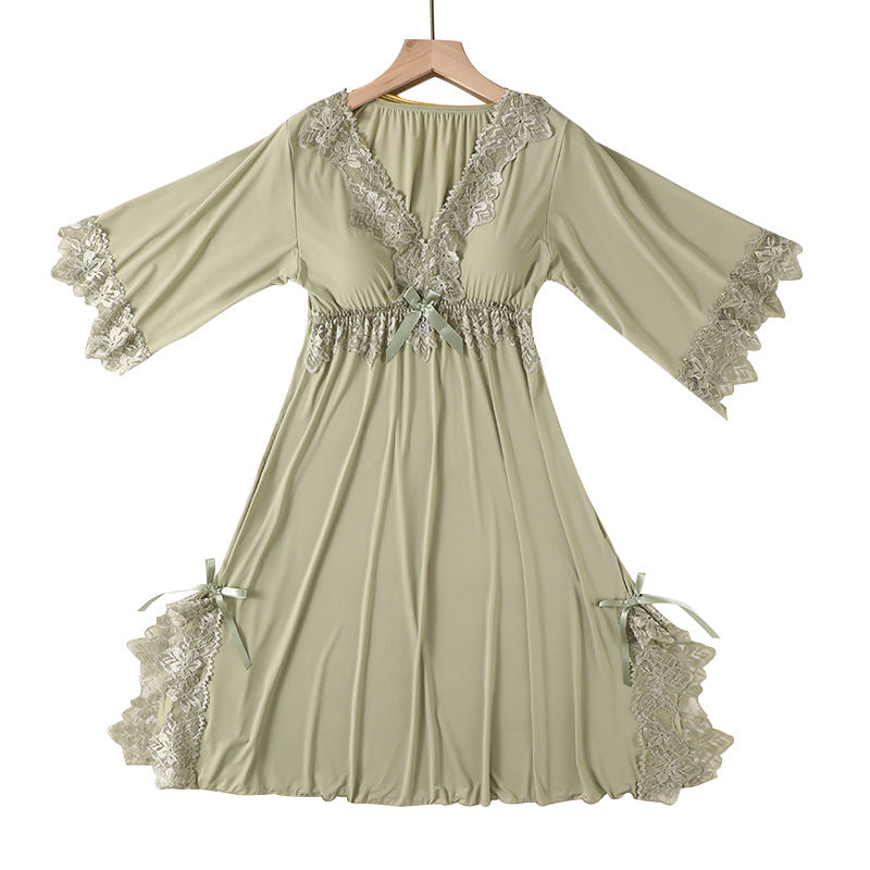 Cross-Border Nightgown for Women Summer Thin Ice Silk Short-Sleeved Pajamas Dress Sweet Lace Deep V Backless Pajamas Home Clothes
