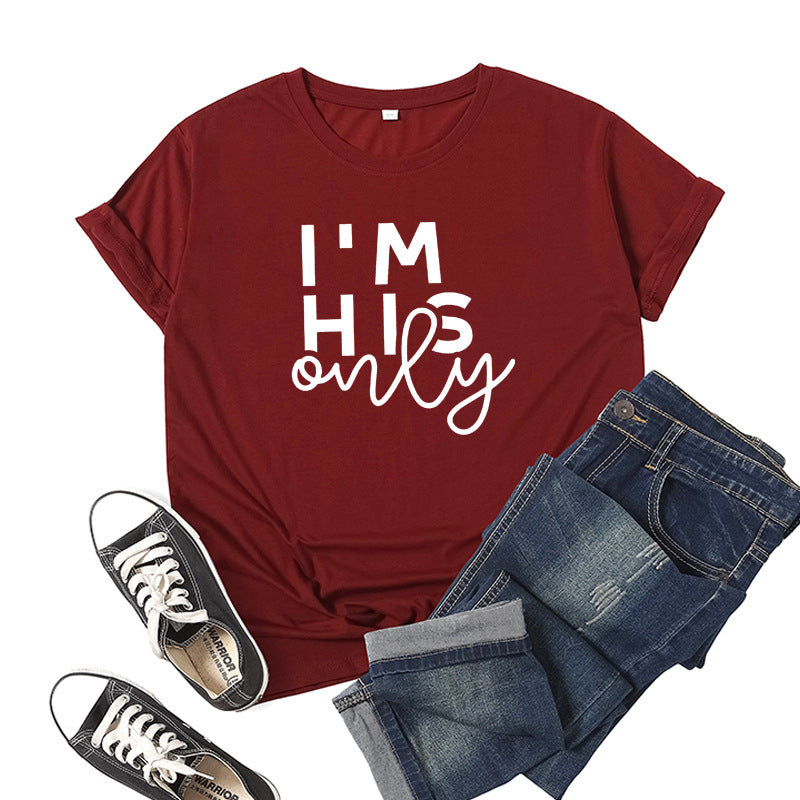 in stock Foreign Trade Cross-border I 'M HER ONE Couple Valentine's Day Printed Short-sleeved Crewneck T-shirt European and American Men and Women