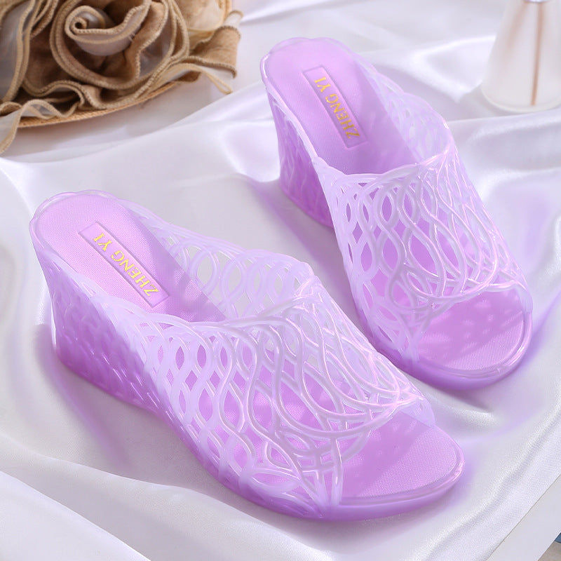 High-Heeled Women's Shoes with Thick Soles, Wedge Heels, Mesh Crystal Slippers, Pearlescent Iridescent Plastic Jelly Shoes, Hollow Anti-Odor High Heels