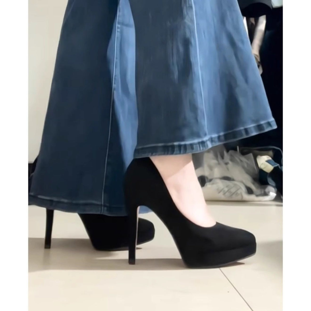 Formal Versatile Girl Suede Black Waterproof Platform Professional High Heels European and American Sexy Red Bottom Shallow High Heels for Women
