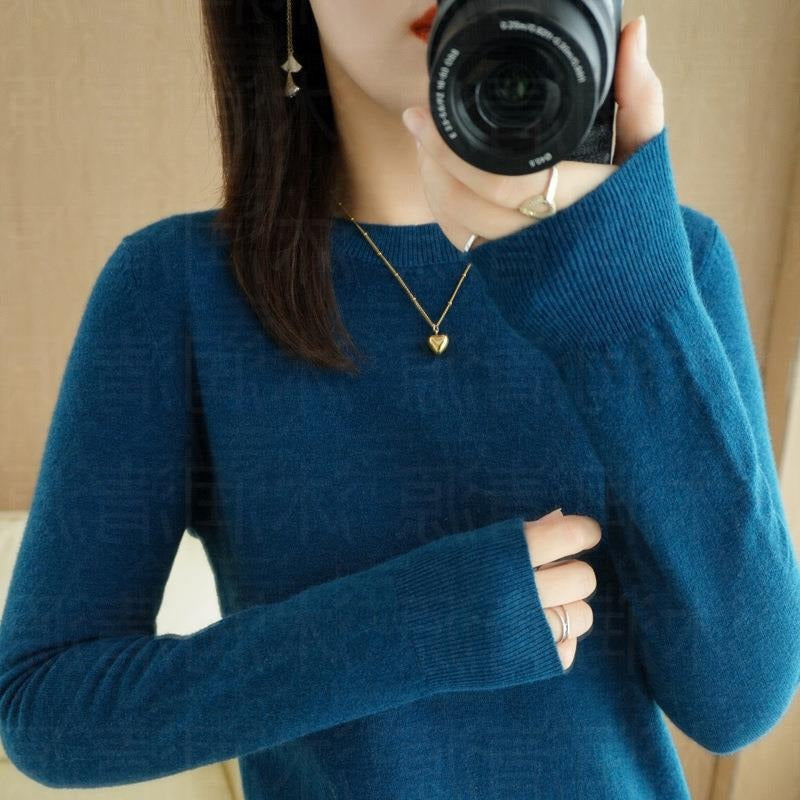 Autumn and Winter New Round Neck Sweater Women's Pullover Sweater Solid Color Long Sleeve Women's Thin Inner Short Base Shirt for Women
