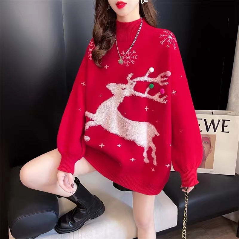 Red Christmas Sweater Women's 2024 New Fawn Autumn and Winter Loose Outer Wear Laid-back Style Thickened Mid-length Needle Sweater