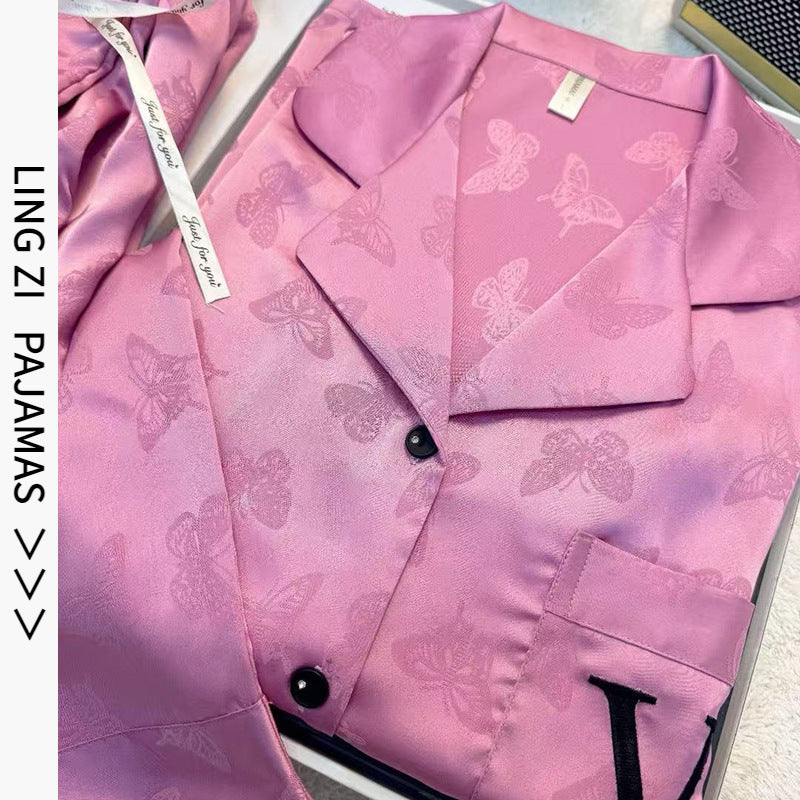 2025 New Ice Silk Pajamas Women's Long Sleeve Lapel Bow Jacquard High-end Simple Home Clothes suit