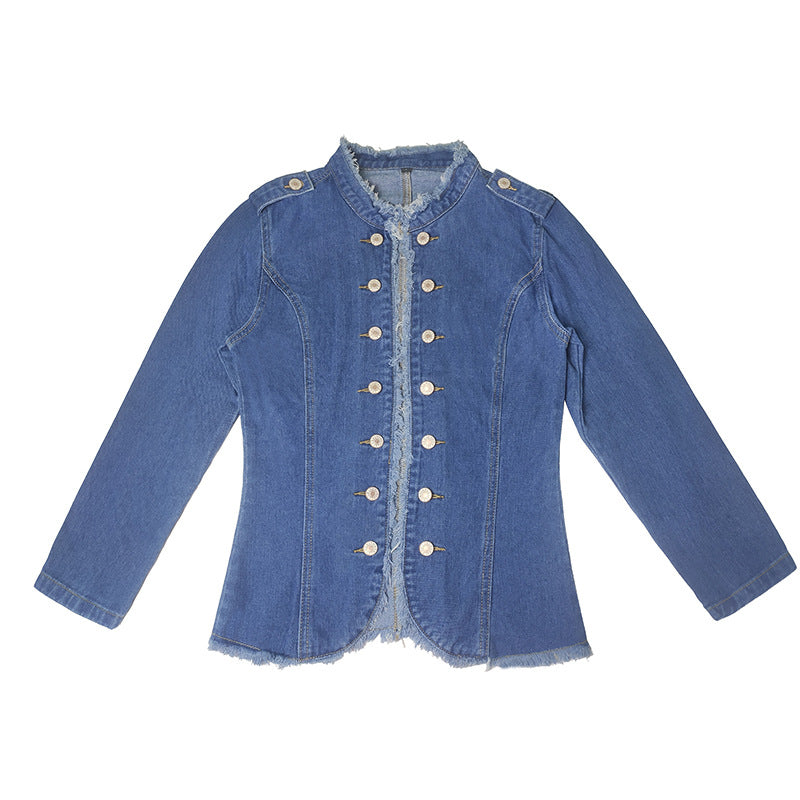 2026 Cross-Border European and American Whis Women's Denim Blazer Single-Breasted Stand Collar Solid Color Casual Versatile Slim Fit