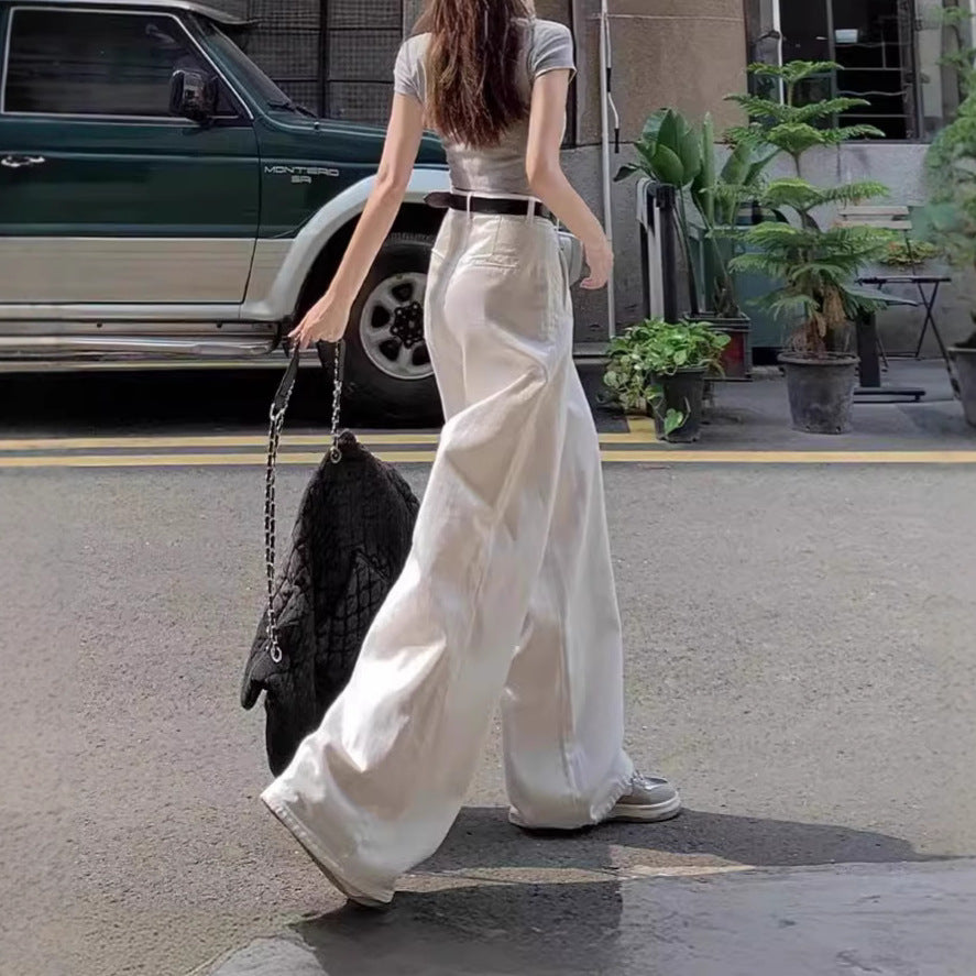 White Wide-Leg Jeans for Women, Summer Thin Fashion Slimming Loose Casual Pleated Drape Versatile Floor-Length Pants