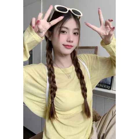 Cross-Border Thin Sun Protection Long-Sleeved T-Shirt for Women in Summer, Loose Suspenders, Air-Conditioned Shirts, Blouses, Layered Inner Tops