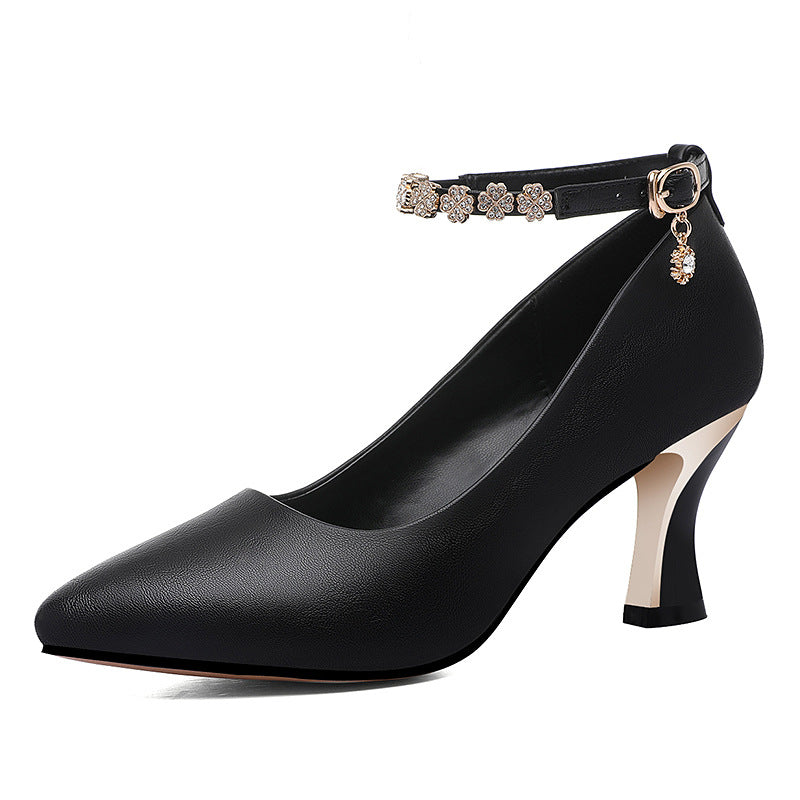 European and American Fashion Sexy Diamond-Encrusted One-Line Buckle High Heels Shallow Mouth Pointed Toe Nightclub Slimming High Heels Women's Shoes Single Shoes Wholesale