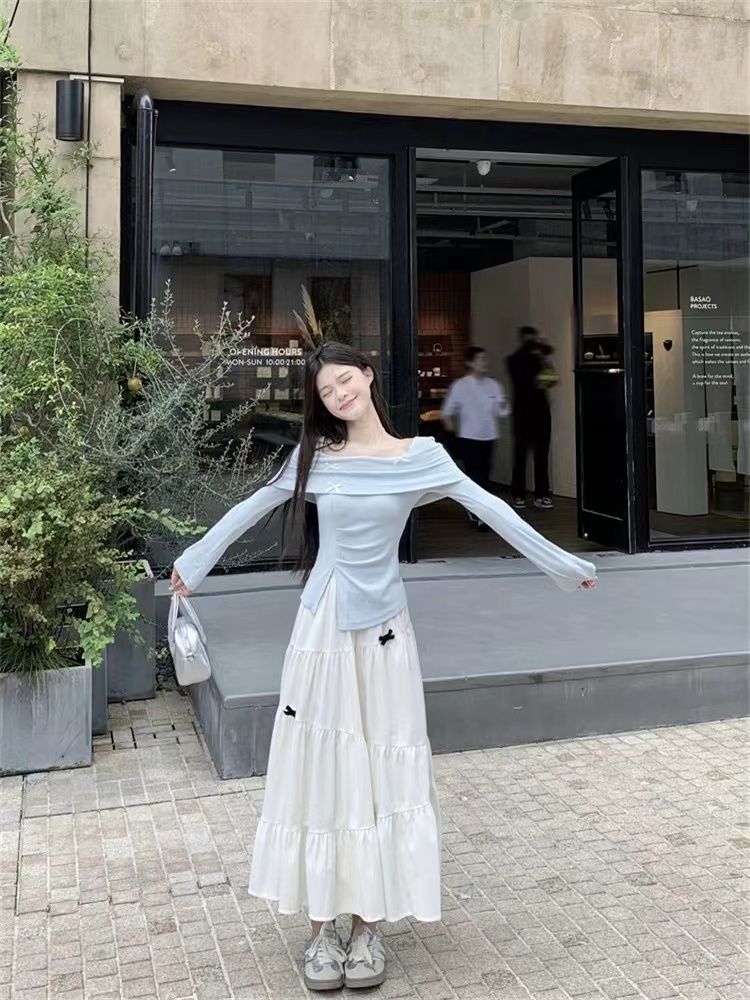 Spring and Autumn French-Style Girl's Unique Design Niche Top, Base Shirt with Bow, Korean-Style Half Skirt 2025 Set