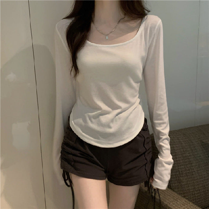 Round Neck Long-Sleeved T-Shirt for Women, New Spring and Autumn Style, Irregular Hem, Slim Fit, Student Casual Versatile Short-Sleeved Top