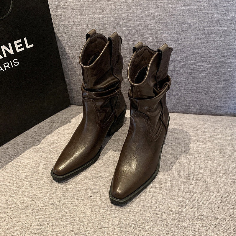 Wide-Leg Boots for Plus-Size Women with Thick Calves, Black Ruched Slouch Boots, Soft Leather Boots, Western Cowboy Riding Boots for Autumn