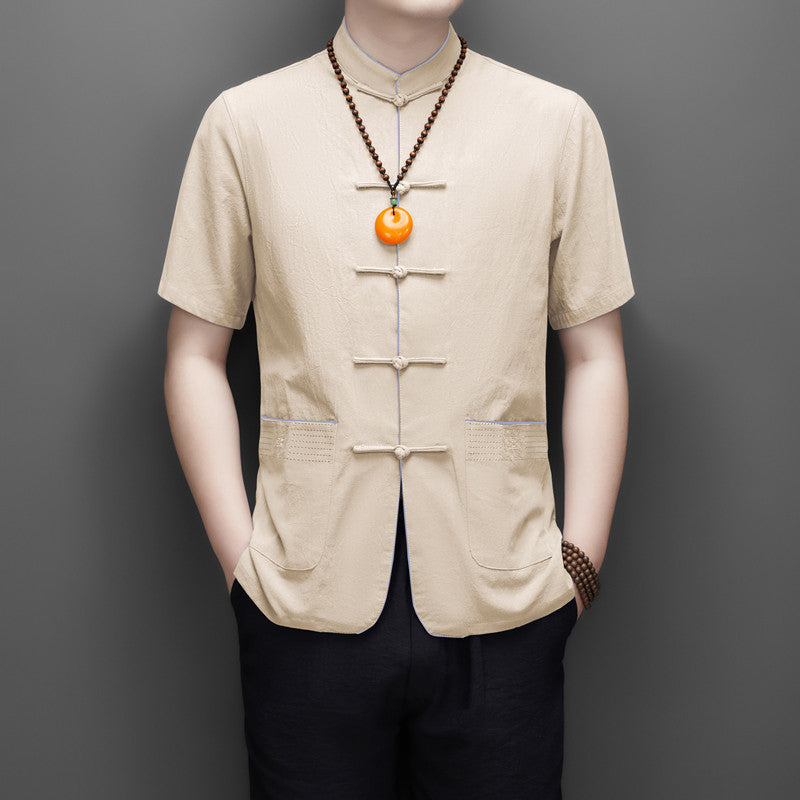 New Tang Suit Men's Tops, New Chinese Style Ancient Style Summer Clothes, Short-Sleeved Summer Suits for Middle-Aged and Elderly People, Dad's Summer Suits