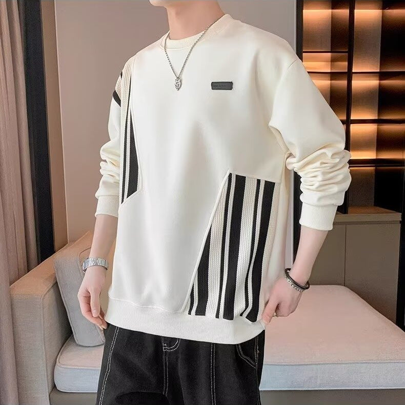 Design Sense Sweat Spring and Autumn Korean Style Fashionable Brand Loose Round Neck Stitching Men's Clothes Long Sleeve T-Shirt Men's Top