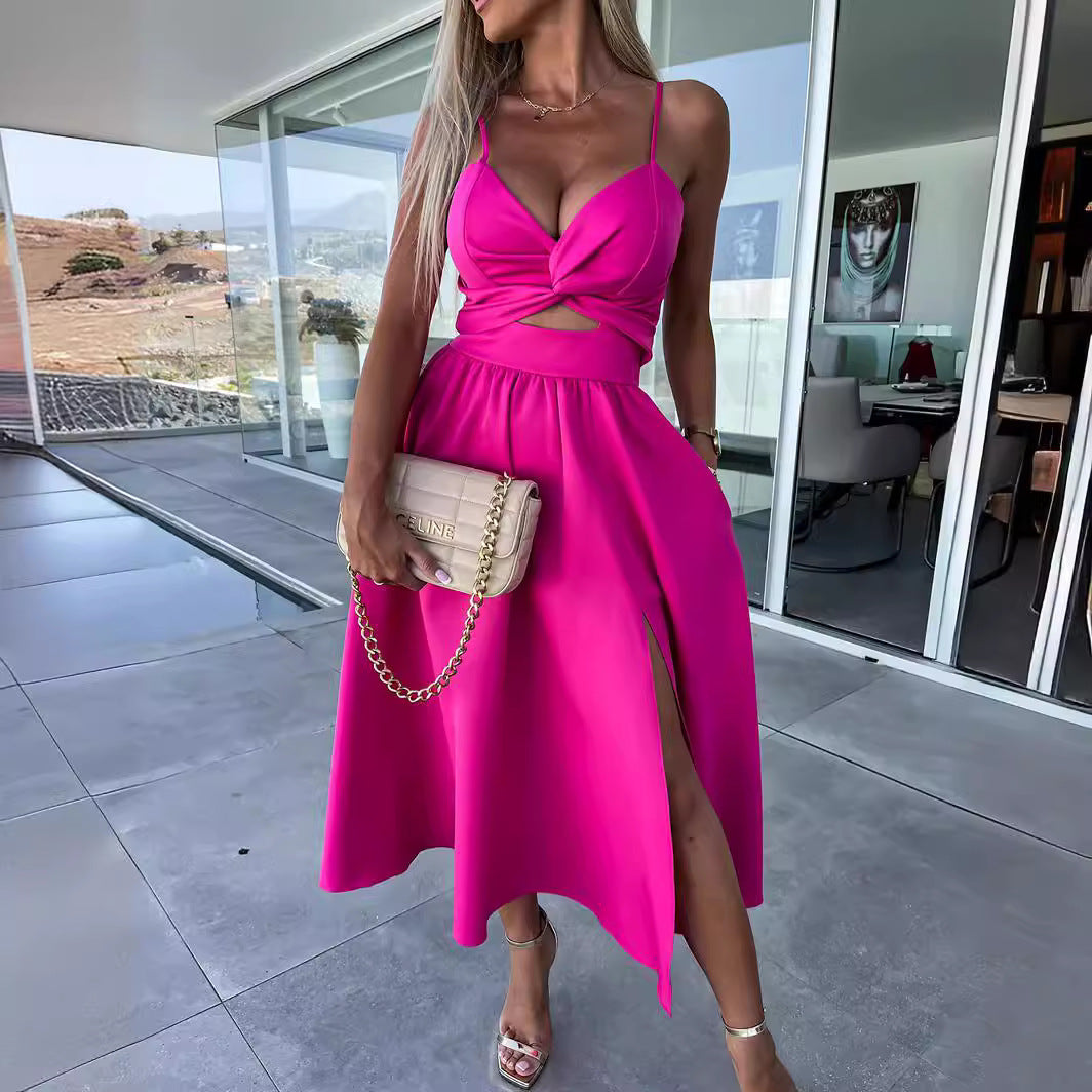 suspenders V-neck large pendulum dress slim-fit backless mid-length dress