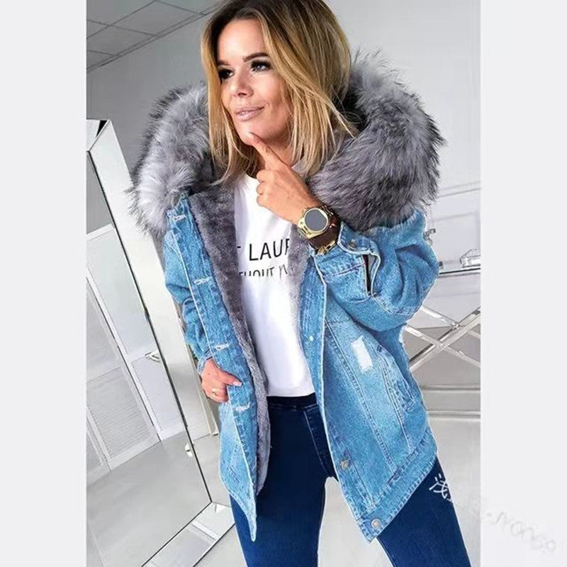 Women Winter Big Size Denim Jacket Ladies Warmth Jeans Coat