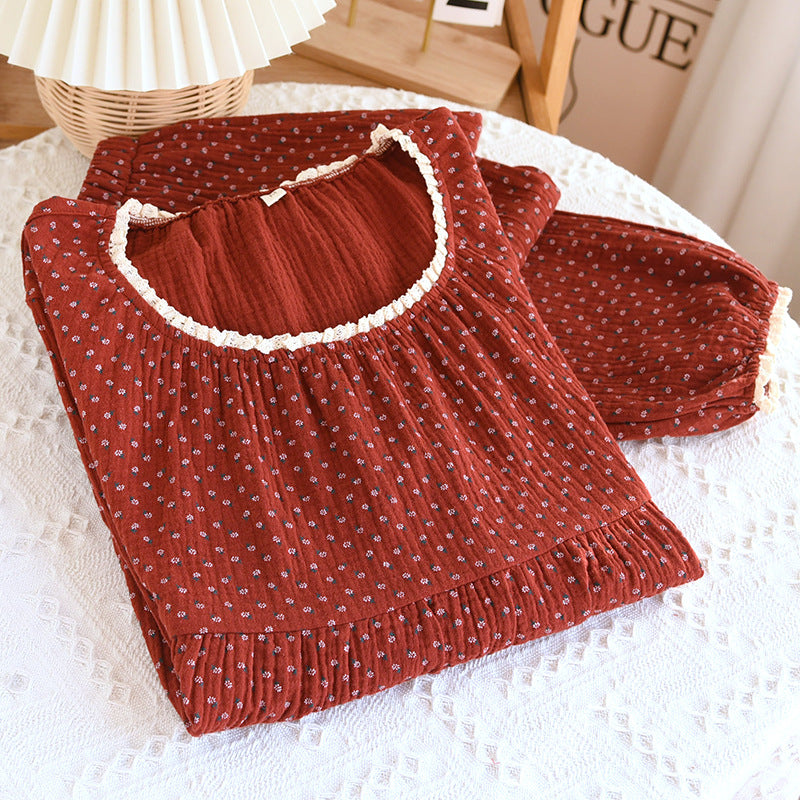 Red Floral Pajamas Women's Spring and Summer Pure Cotton Gauze Double-Layer Thin Long-Sleeved Home Clothes suit