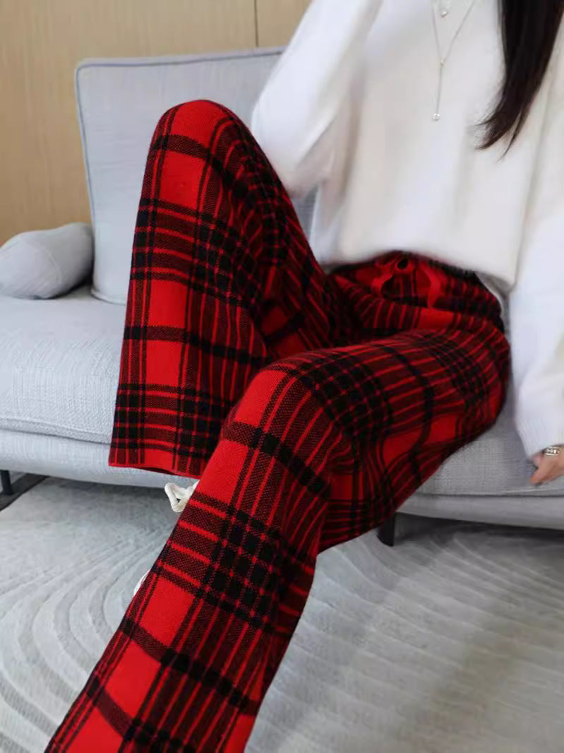 24 Autumn and Winter New High Waist All-match Casual Wide-leg Pants Women's Straight Loose Plaid Trousers 100 Wool Thickened