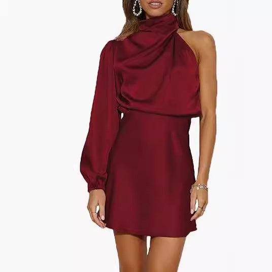 Spring Women's Satin Shoulder Long Sleeve Mini Skirt Silk Long Sleeve Crewneck Cocktail Skirt