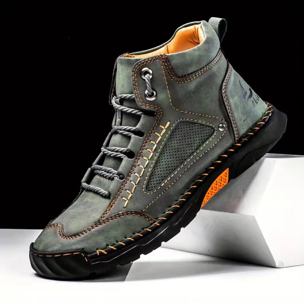 Cross-Border Plus-Size Men's Pu Leather Boots, Men's Fashion Handmade Stitched Ankle Boots, Flat Lace-Up Casual Shoes