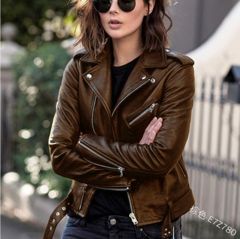 Cross-border 2023 New European and American Motorcycle Leather Jacket Autumn and Winter Women's Leather Clothing Women's Short Slim-fit Leather Fashion Jacket