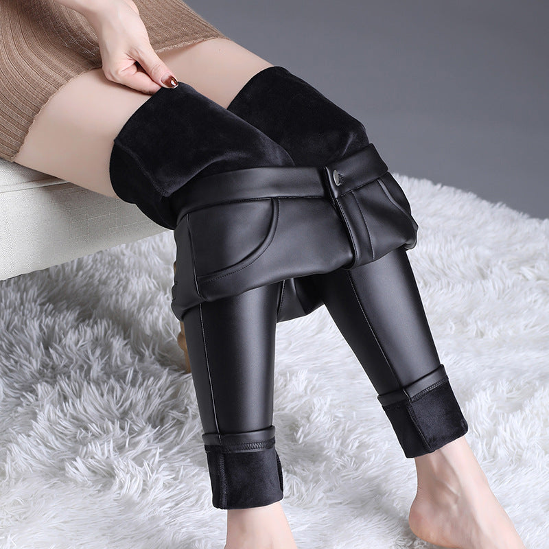 Genuine Leather Slimming Leather Pants for Women, 2025 Autumn and Winter New Style, Fleece-Lined and Thickened, High-Waisted Sheepskin Skinny Leather Pants