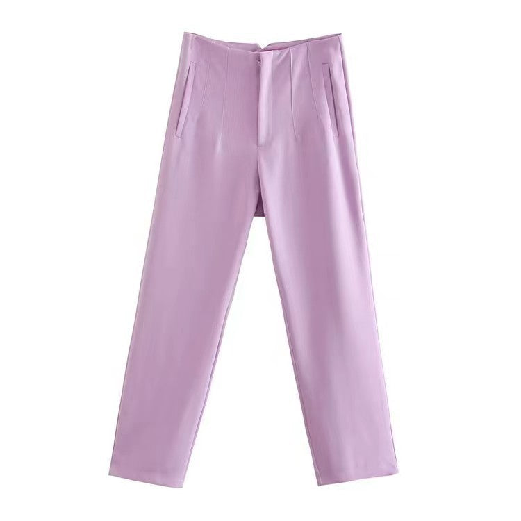 Women's Trousers European and American Amazon Cross-Border New Slim Fit Solid Color Pleated Micro-Elastic Formal Straight Pants Casual Pants