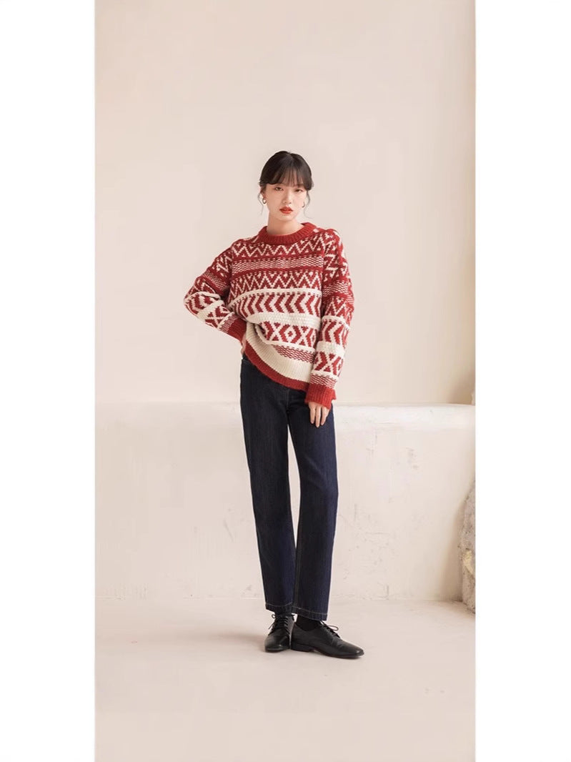 Vintage Red New Year Sweater Women's Winter Thickened Lazy Fell Island Contrast Color Knitted Sweater Design Sense Loose Outer Wear