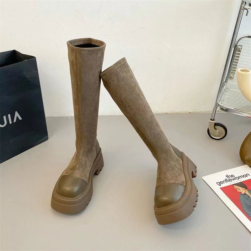 Long Boots for Women 2025 New Thick-Soled High Elastic Boots Retro Boots for Women Autumn and Winter Fleece-Lined High-Heeled Slim Boots