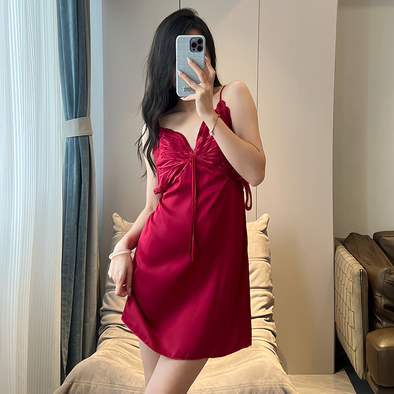 Pajamas Women's Summer Ice Silk Pure Sexy Lace Sling Nightgown Nightgown with Chest Pad Thin Home Clothes Two-piece Set