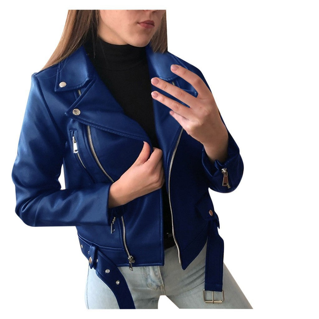 Cross-border 2023 New European and American Motorcycle Leather Jacket Autumn and Winter Women's Leather Clothing Women's Short Slim-fit Leather Fashion Jacket