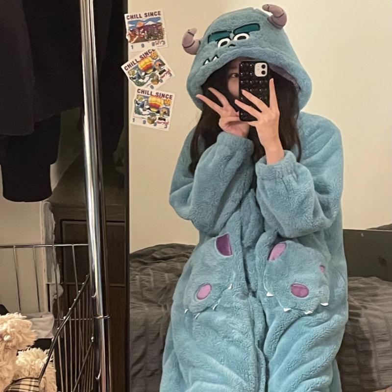 Little Monster Coral Velvet Pajamas Women's Autumn and Winter New Style Velvet Thickened Long Warm Pajamas Winter Outerwear Home Clothes