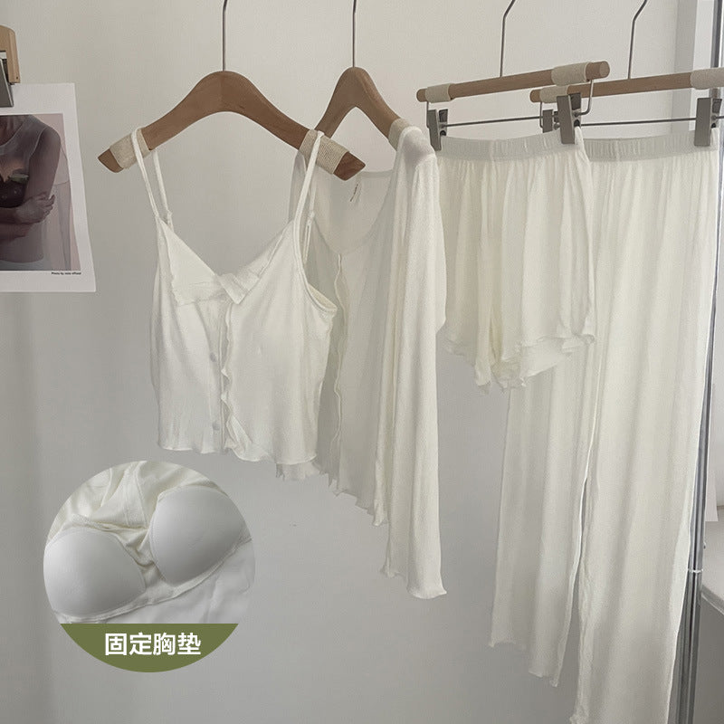 Modal Cotton Pajamas Women's Spring and Autumn Four-piece Suit Sling Trousers with Chest Pad Outfit Summer Home Clothes