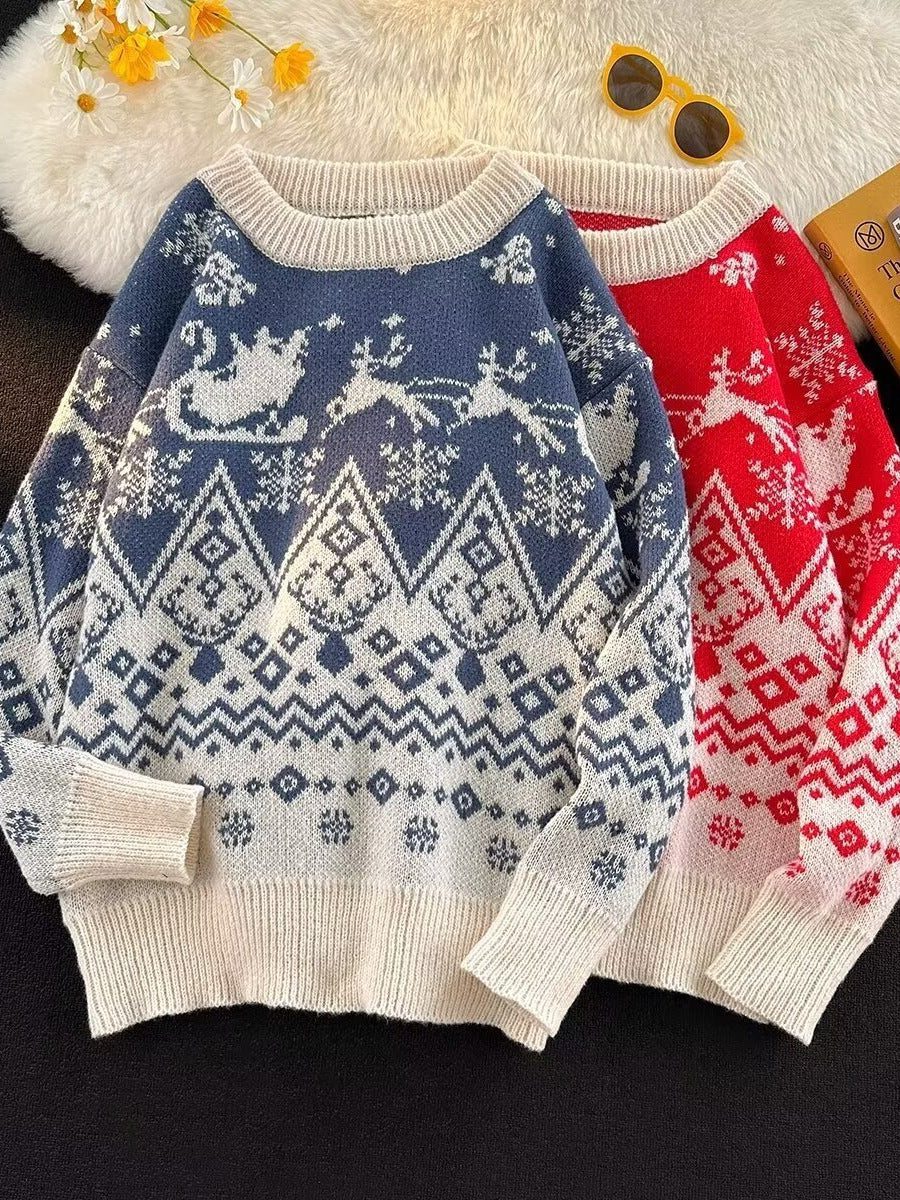 Men's Lazy Style Big Red Knitted Sweater for Teenagers and Students Christmas Holiday Couple Wear Loose Sweater for Men in Winter