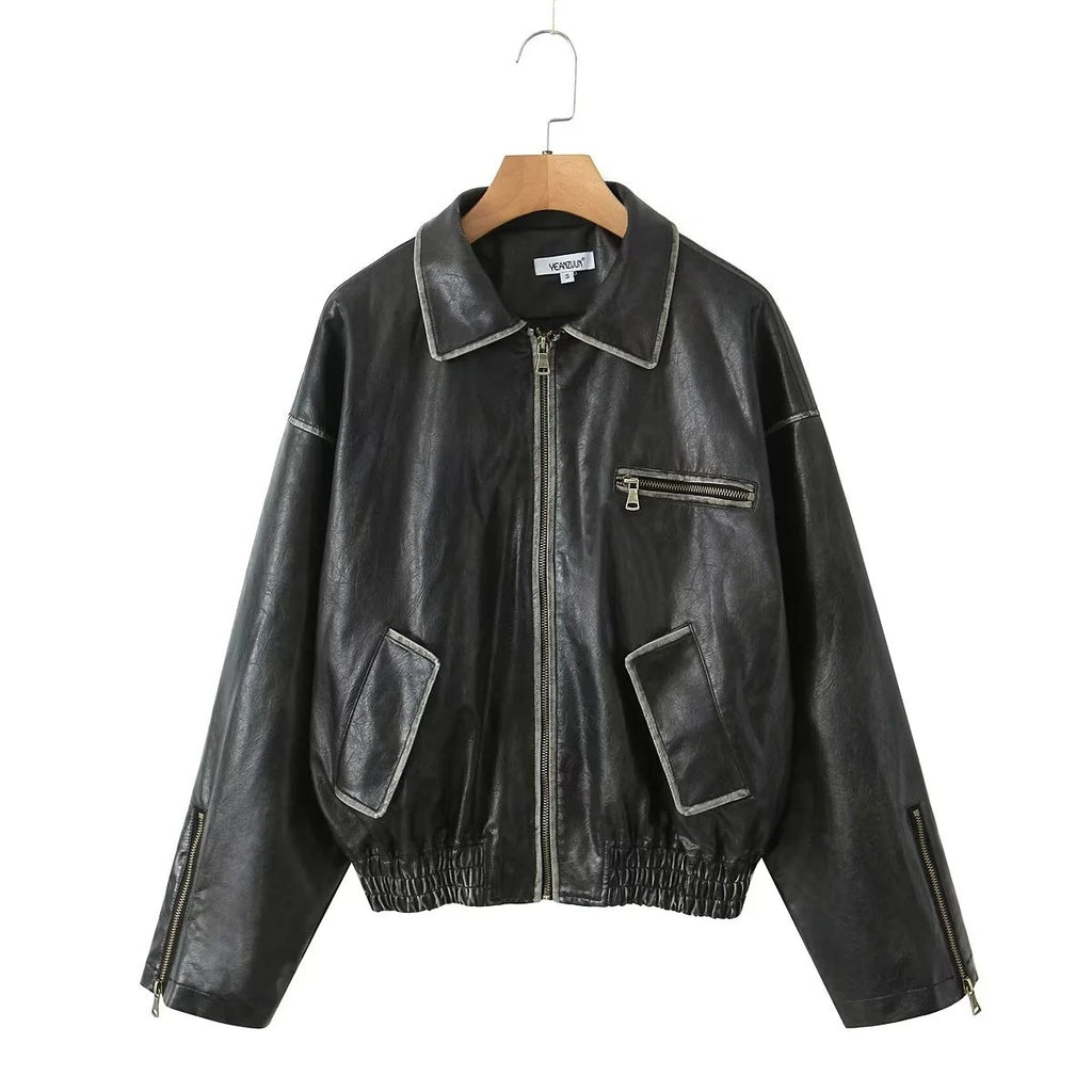 American heavy industry distressed leather jacket for women 2023 autumn and winter New retro loose brushed PU leather jacket for hot girls