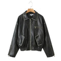 American heavy industry distressed leather jacket for women 2023 autumn and winter New retro loose brushed PU leather jacket for hot girls