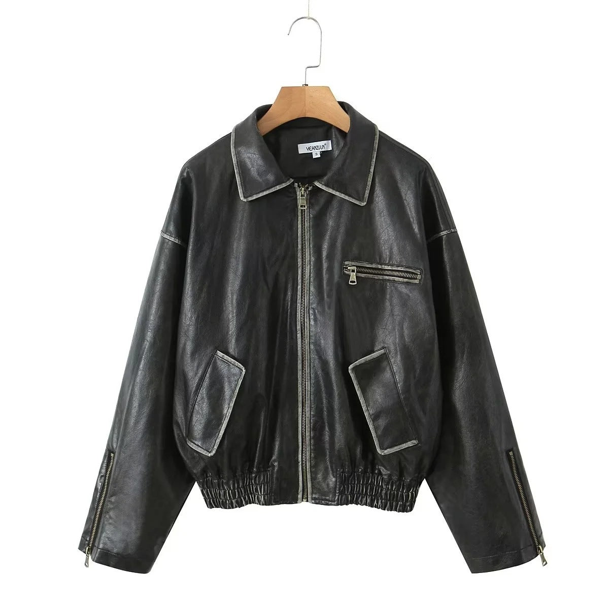 American heavy industry distressed leather jacket for women 2023 autumn and winter New retro loose brushed PU leather jacket for hot girls