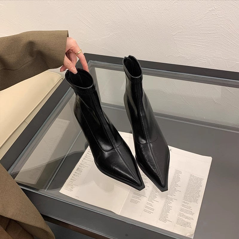 High-Heeled Pointed-Toe Short Boots for Women with Stiletto Heels and Back Zippers 2025 New Autumn and Winter Black Patent Leather High-End Slim Boots