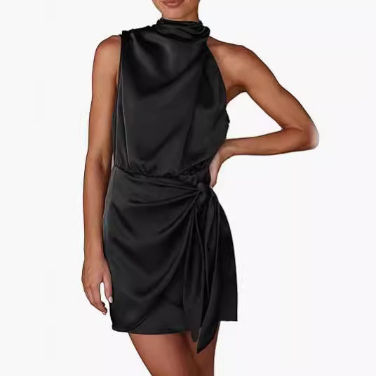 Spring 2024 Women's Short Formal Satin Dress Summer Sleeveless Collar Lace Up Waist Cocktail Party