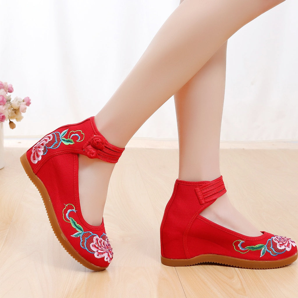 Hibiscus Flower 2020 Hot Drilling Ethnic Style Double Buckle Canvas Inner Height Increasing Women's Shoes Bridal High Heels