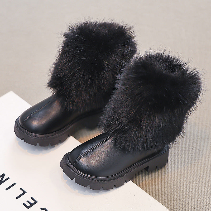 Girls' foreign trade leather boots 2024 autumn and winter new fashion western style mid-tube boots Mao Mao mouth soft bottom chimney boots fashion boots