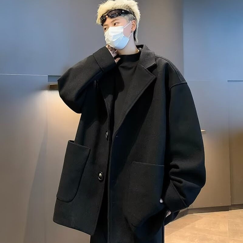 Japanese Solid Color Mid-length Woolen Coat Men's All-match High-end Casual Black Woolen Suit British Jacket