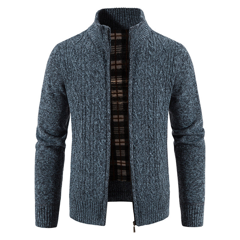 2024 new autumn and winter men's plus velvet sweater cardigan large size foreign trade stand collar fashion jacket coat men's sweater