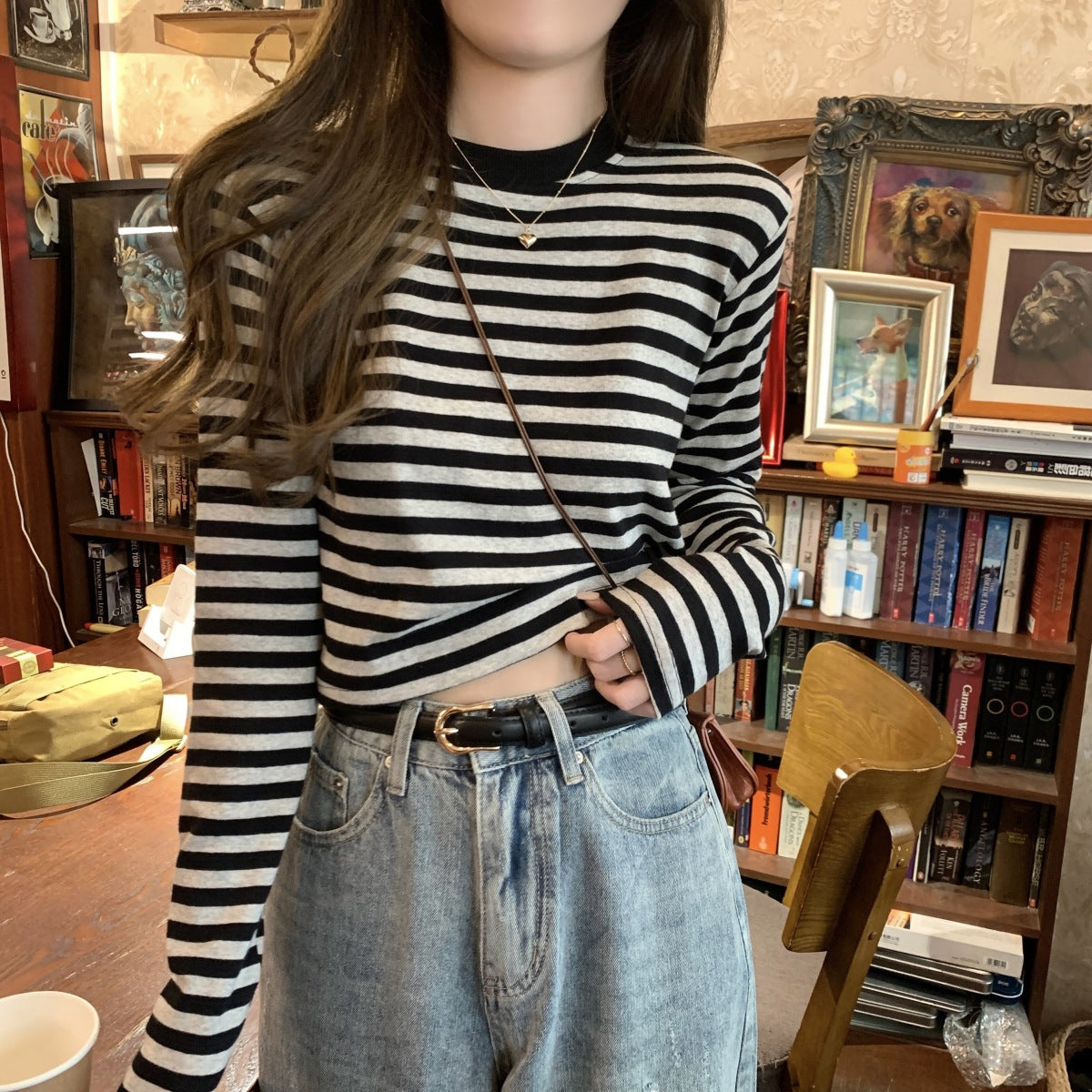 Autumn New Casual Slim Bottoming Shirt Short Student Top Contrast Color Striped Long Sleeve T-Shirt for Women