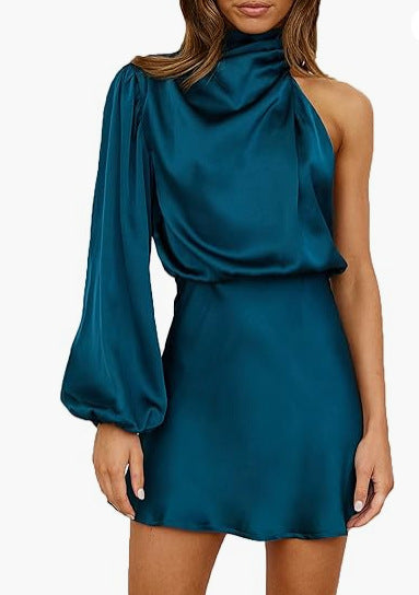 Spring Women's Satin Shoulder Long Sleeve Mini Skirt Silk Long Sleeve Crewneck Cocktail Skirt