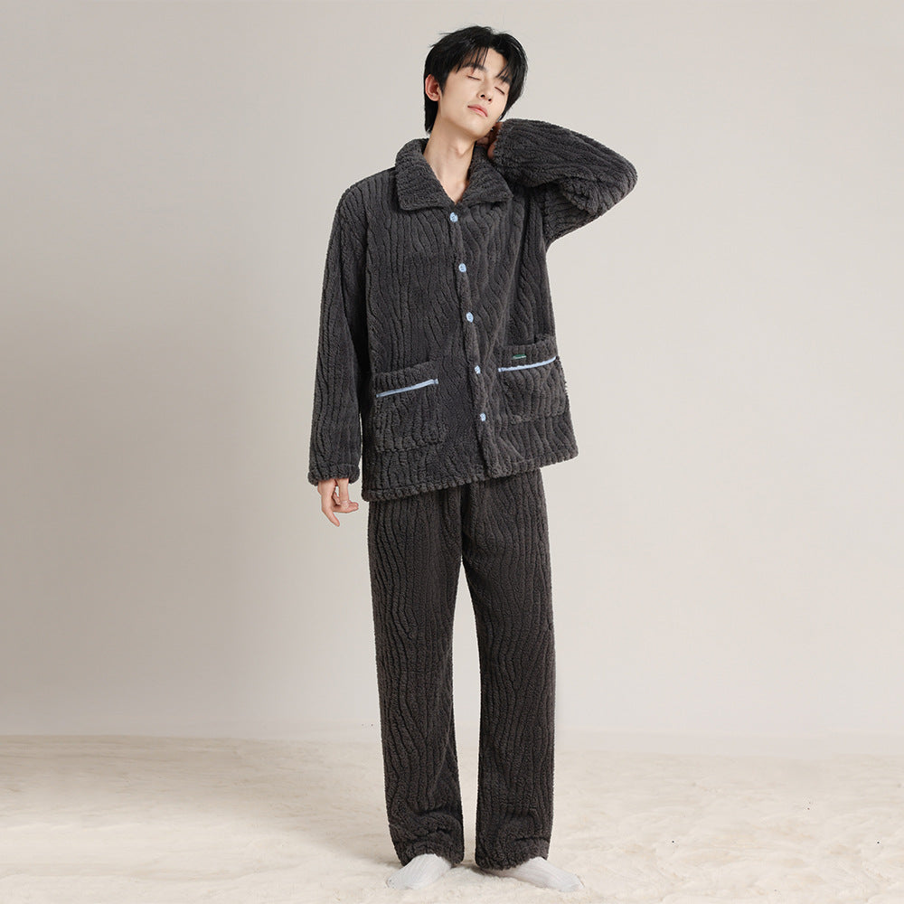 Autumn and Winter Thickeneded Warm Square Collar Lapel Pajamas Coral Velvet Cardigan Simple Wearable Home Clothes Couple Set