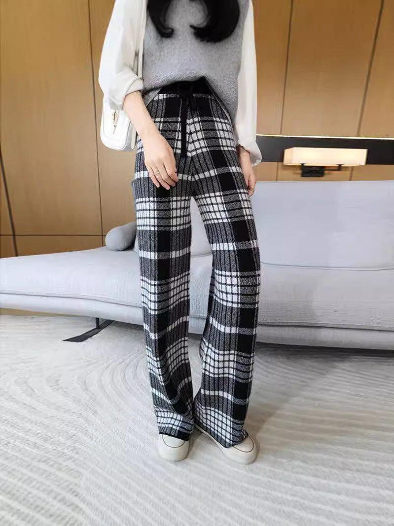 24 Autumn and Winter New High Waist All-match Casual Wide-leg Pants Women's Straight Loose Plaid Trousers 100 Wool Thickened