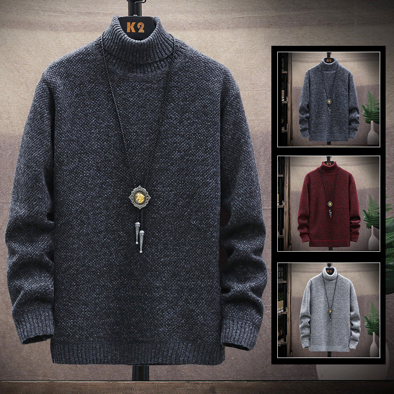 2023 autumn and winter men's turtleneck sweater fleece-lined thickened solid color simple pullover sweater base